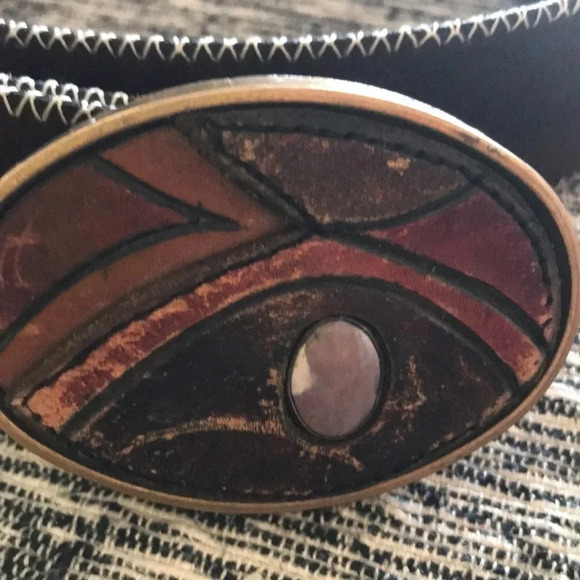 BTS vintage solid brass belt buckle with brushed suede split cowhide belt 38 - Picture 2 of 6